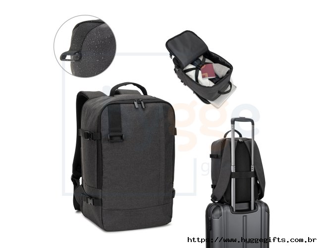 CIES. Mochila desenvolvida para cumprir as dimensões exigidas pelas companhias aéreas em poliéster reciclado 600D de alt